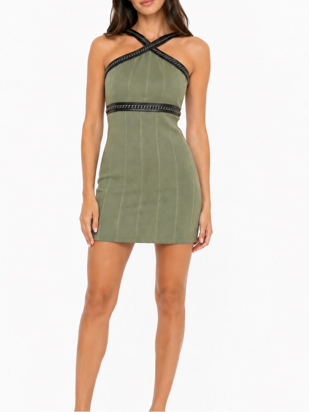 Topshop Olive Dress with Black faux Leather chain Accents